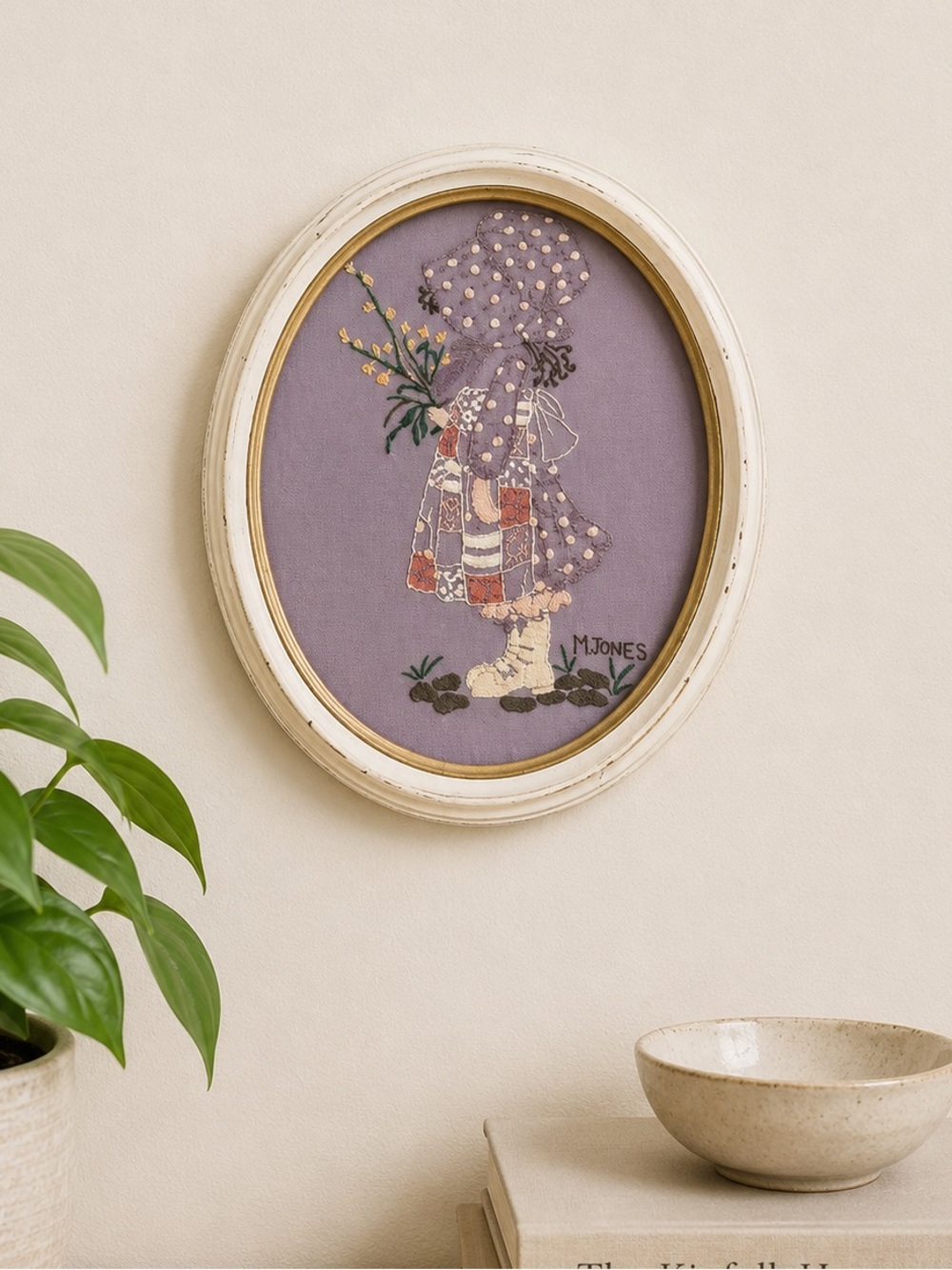 Vintage 1975 Holly Hobbie Folk Art Embroidery Oval Frame Signed Handmade Purple
